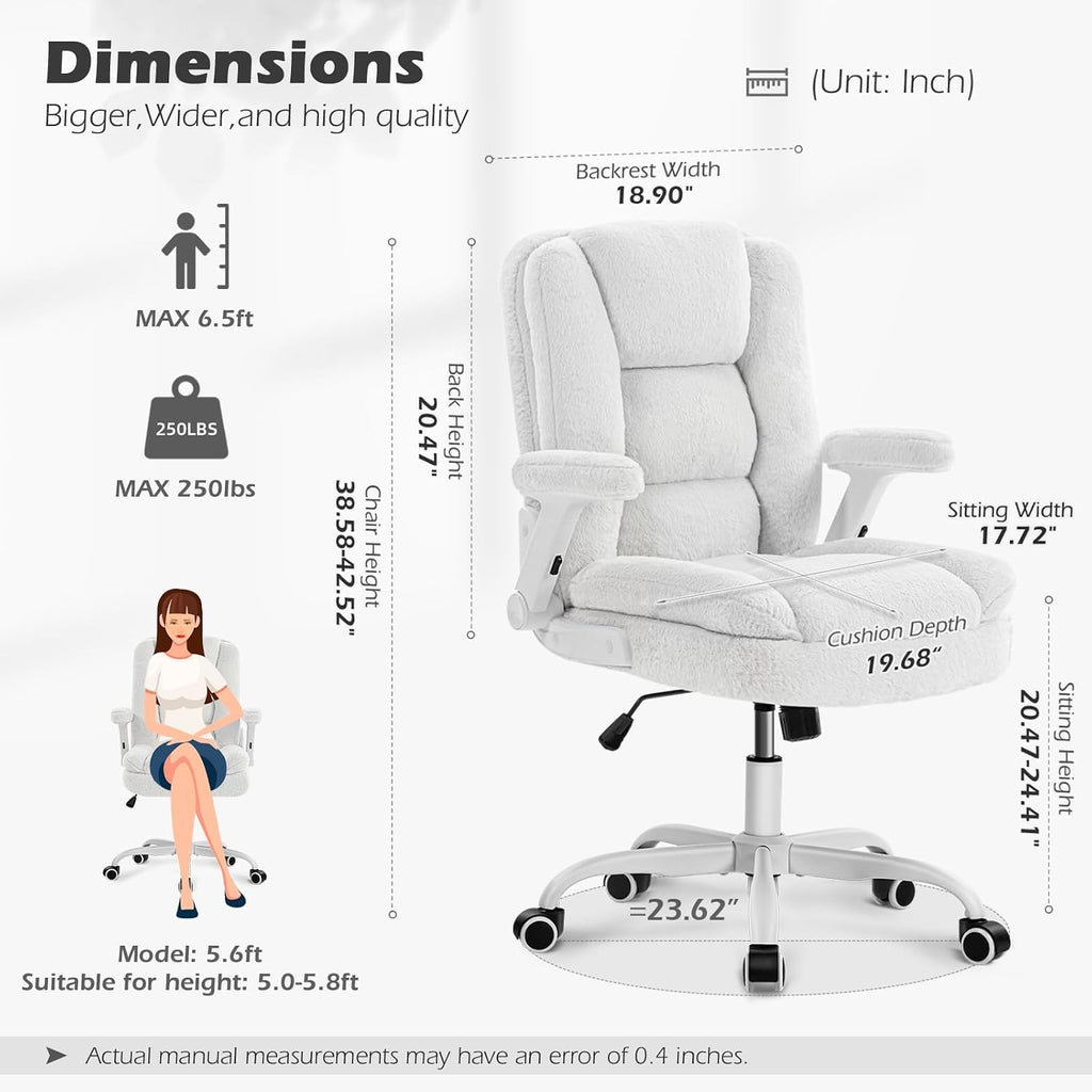 SEATZONE White Plush Office Chair Ergonomic Desk Chair with Lumbar Support, Flip-Up Arms, Adjustable Swivel Computer Chair with Wheels, Soft Fleece Cute Office Chair for Home Bedroom Vanity