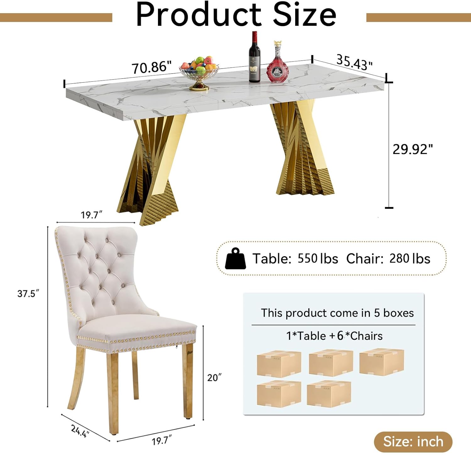 7 Piece Dining Table Set, White 70" Marble Dining Table with 6 Beige Velvet Chairs, Luxury Faux Marble Dining Room Table Set for 6, Modern Kitchen Table and Chairs Set for Home Furniture