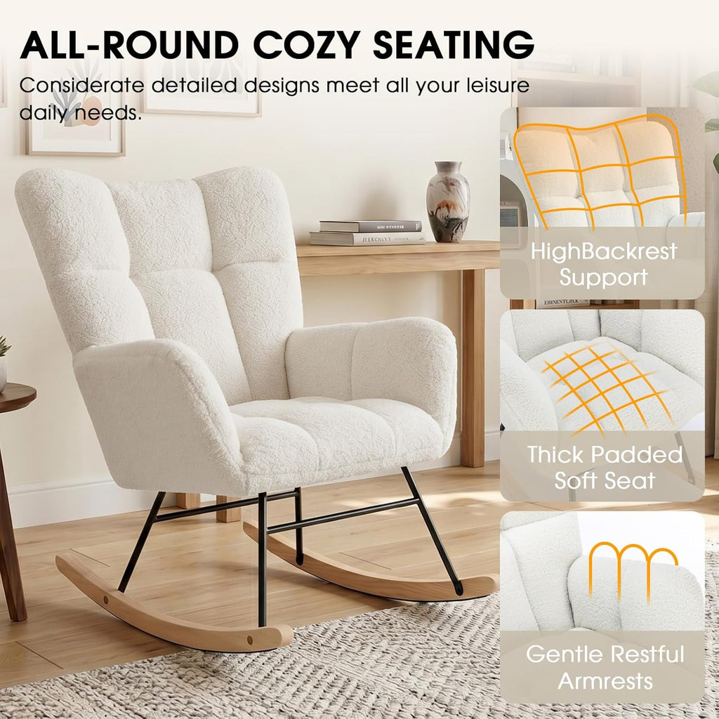 Rocking Chair Nursery, Teddy Upholstered Rocker Glider Chair with High Back, Rocker Recliner with Armrest, Gliding Chair with Thick Cushion, Accent Reading Chair for Bedroom (Ivory)