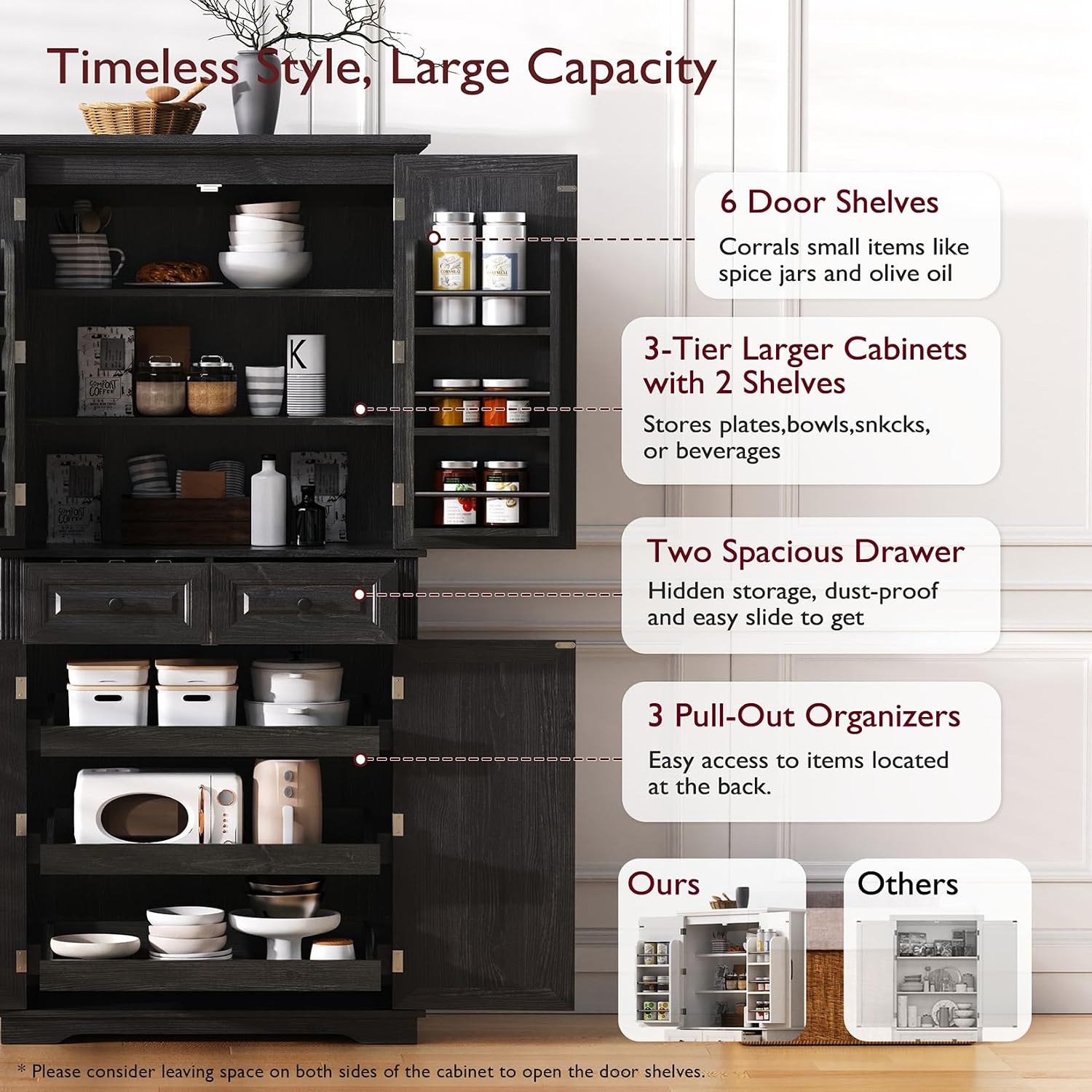 71.2" Tall Kitchen Pantry Cabinet, Farmhouse Wood Pantry with 4 Doors and 2 Drawers Freestanding Cupboard Storage Organizers for Home Kitchen Dining Room, Black