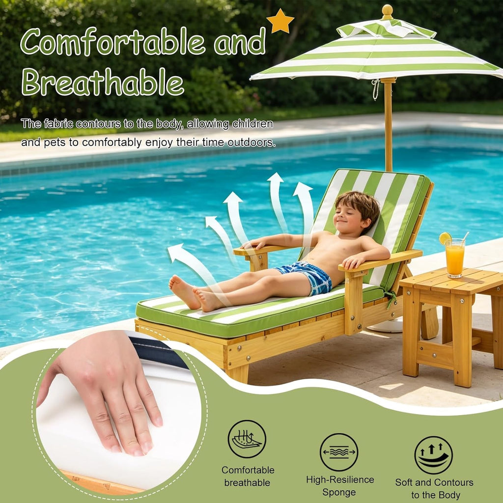 Kids Lounge Chair Outdoor, Toddler Wood Double Pool Lounger Chairs w/Canopy, Removable Stripped Fabric Cushions, Shaded Comfort for Kids Room or Patio Lounge Use(Green)