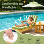 Kids Lounge Chair Outdoor, Toddler Wood Double Pool Lounger Chairs w/Canopy, Removable Stripped Fabric Cushions, Shaded Comfort for Kids Room or Patio Lounge Use(Green)