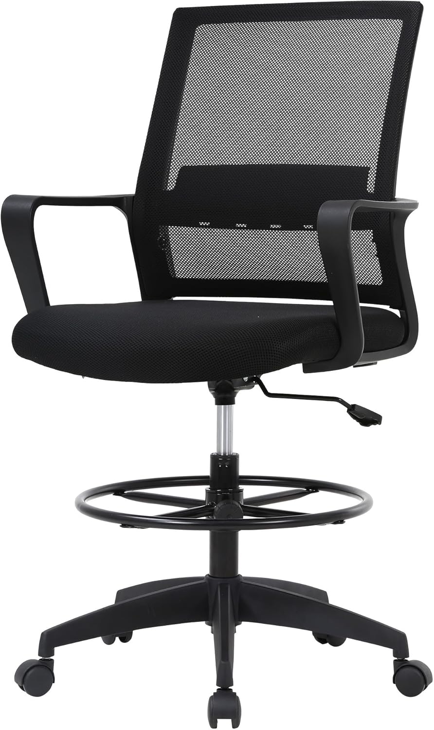 PayLessHere | Drafting Chair | Black | Tall Office Chair with Adjustable Seat Height & Footrest, Ergonomic Mesh Back, Lumbar Support, 360 Degree Swivel Rolling Wheels | for Workspaces & Home Office