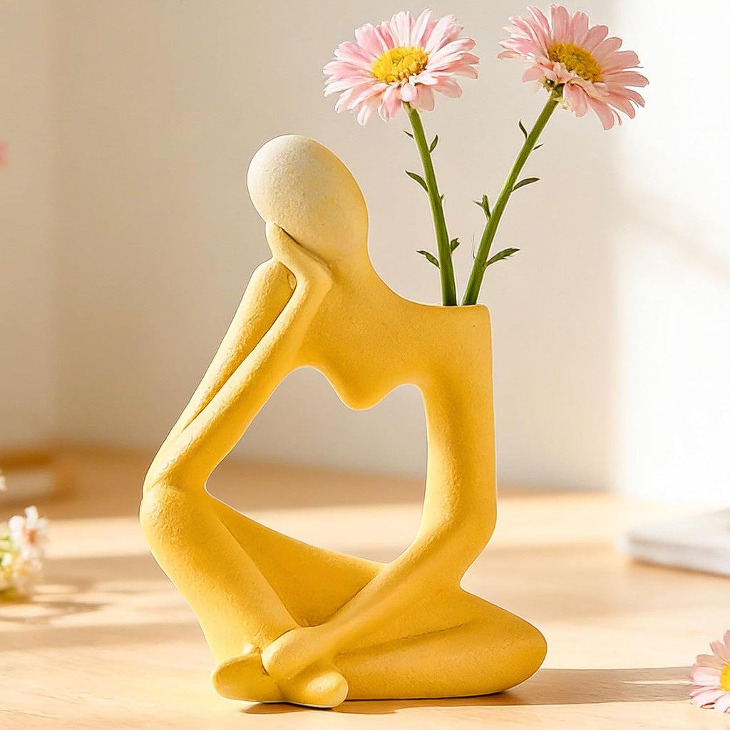 Arawat Ceramic Thinker Vase Yellow Flower Vase for Home Decor Modern Cute Boho Vases for Table Room Decor Unique Aesthetic Ceramic Decorative Vases for Centerpieces Birthday Gifts for Women Men