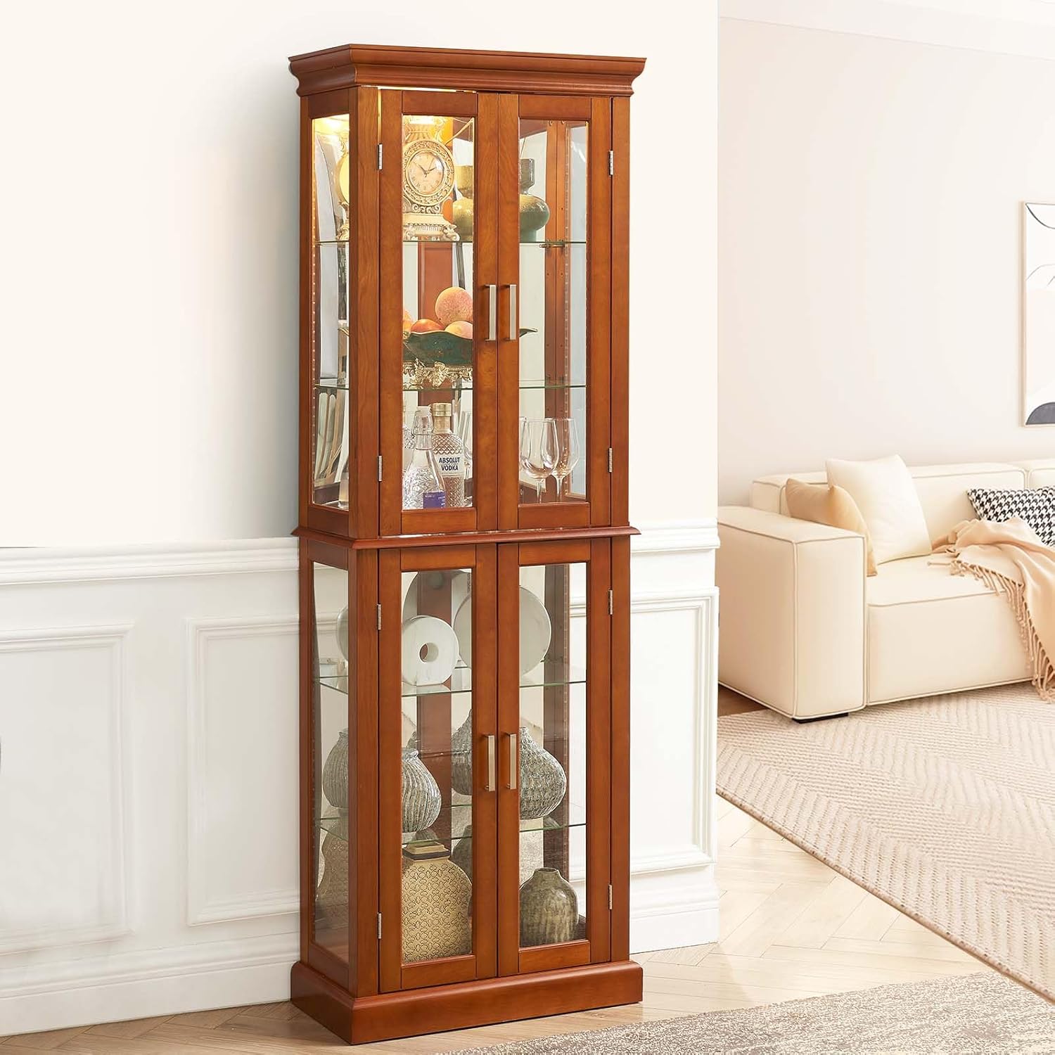 70"H Curio Cabinet,Curio Cabinet with Glass Doors,Wood Display with Adjustable Glass Shelves,Lighted Curios Cabinets,Vintage Accent Storage Cabinets with 6 Shelves,Curiocabinet for Living Room(Walnut)
