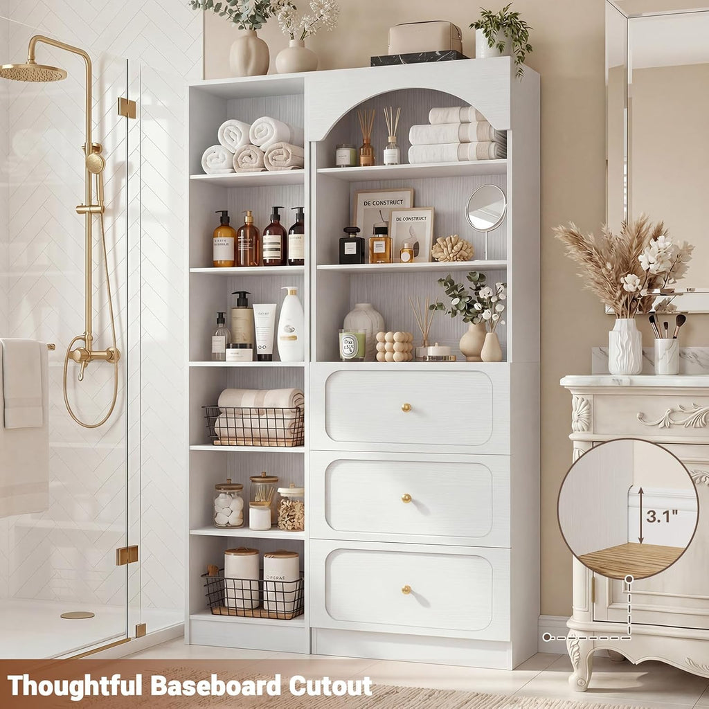 Cyclysio 80" Tall Pantry System with 3 Drawers, Arched Pantries with 9-Tier Open Shelves, Wooden Cupboard Storage Organizer with Baseboard Cutout for Living Room, Kitchen