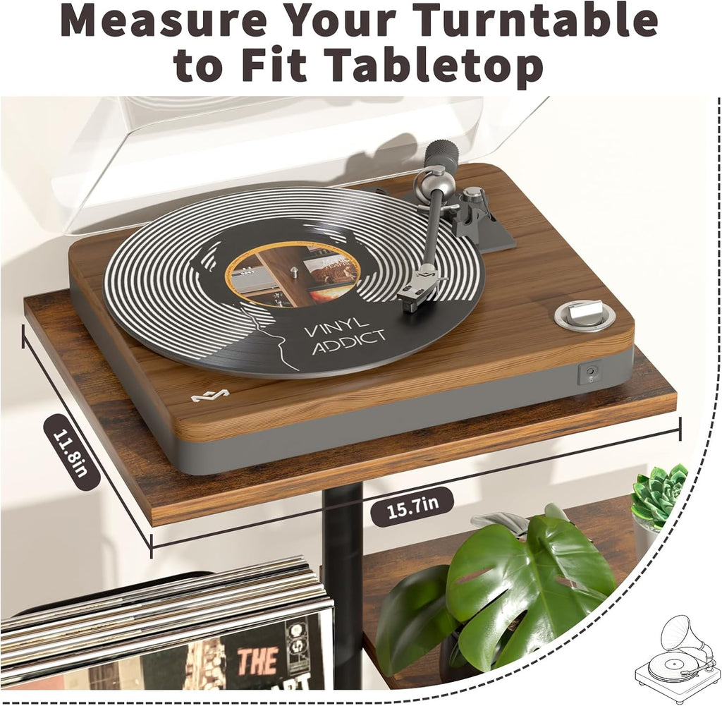 Bikoney Botanical Record Player Stand,Vinyl Record Storage Holder with Plant Stand, Vintage Turntable Stand Table with Record Album Display Shelf,Unique Record Console Cabinet,Mid Century Modern Wood