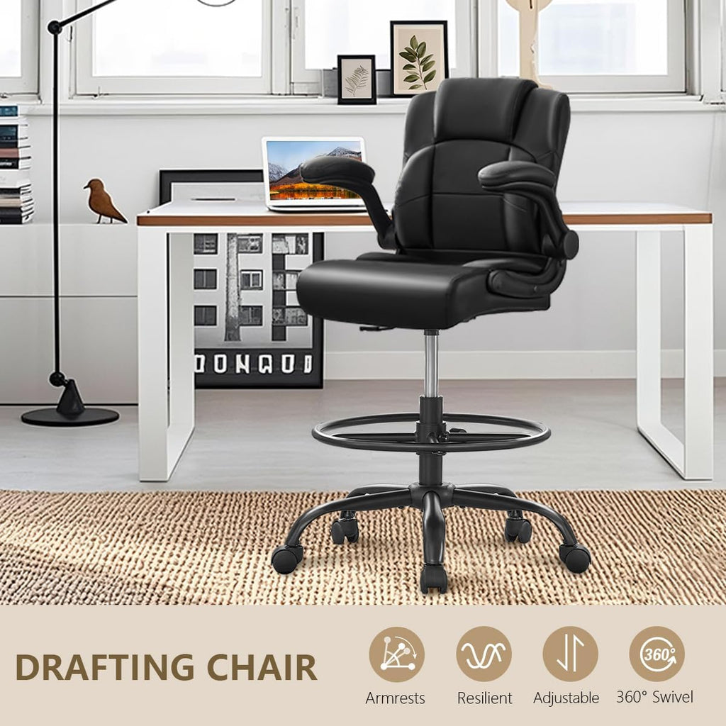 Pu Leather Drafting Chair,Tall Office Chair for Standing Desk with Footring,Counter Height Adjustable High Office Chair with Flip-up Armrests for Home,Drawing