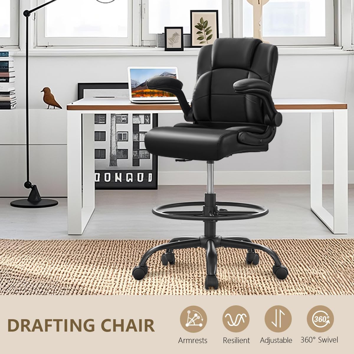 Pu Leather Drafting Chair,Tall Office Chair for Standing Desk with Footring,Counter Height Adjustable High Office Chair with Flip-up Armrests for Home,Drawing