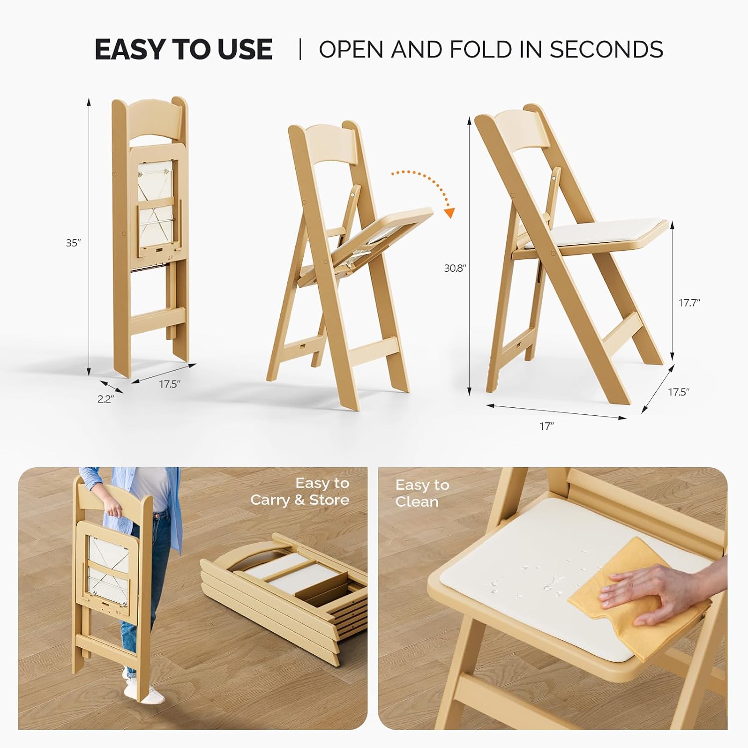 VINGLI Resin Folding Chairs with Cushion, Foldable Plastic Chair with Comfortable Padded Seats, Perfect for Event Party Indoor Outdoor, Natural, 8 PC
