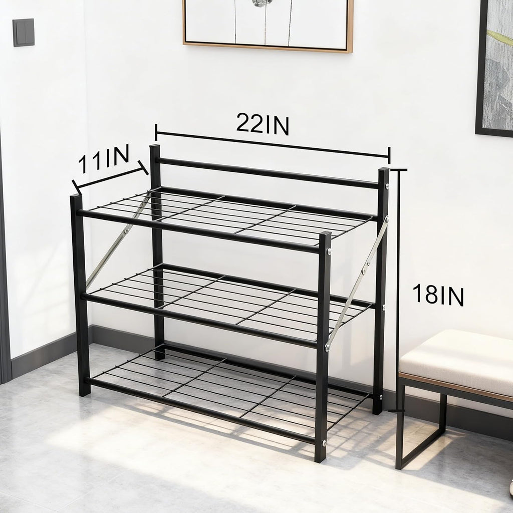3-Tier Folding Metal Shoe Rack, Heavy Duty Free-Standing Storage Shelf for Entryway, Bedroom, Gym, Holds Shoes, Dumbbells, Multi-Purpose Organizer with Reinforced Stability
