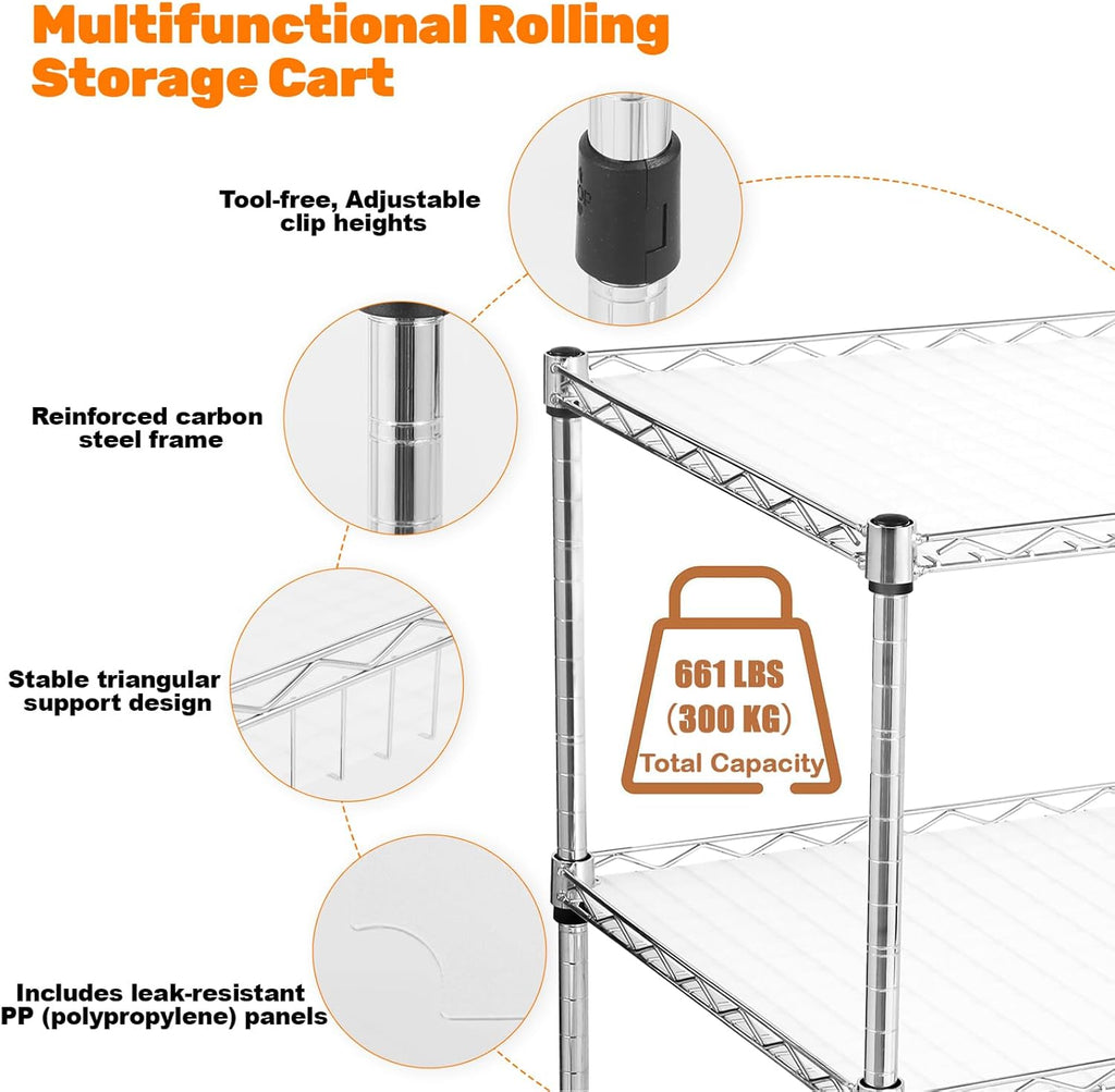 3-Tier Rolling Cart, Utility Metal Wire Cart, 30" D x 18" W x 35" H | 4'' Locking Wheels, Adjustable Shelves, 661 LBS Capacity, Complying with NSF, Heavy Duty, For Home Kitchen Garage Office