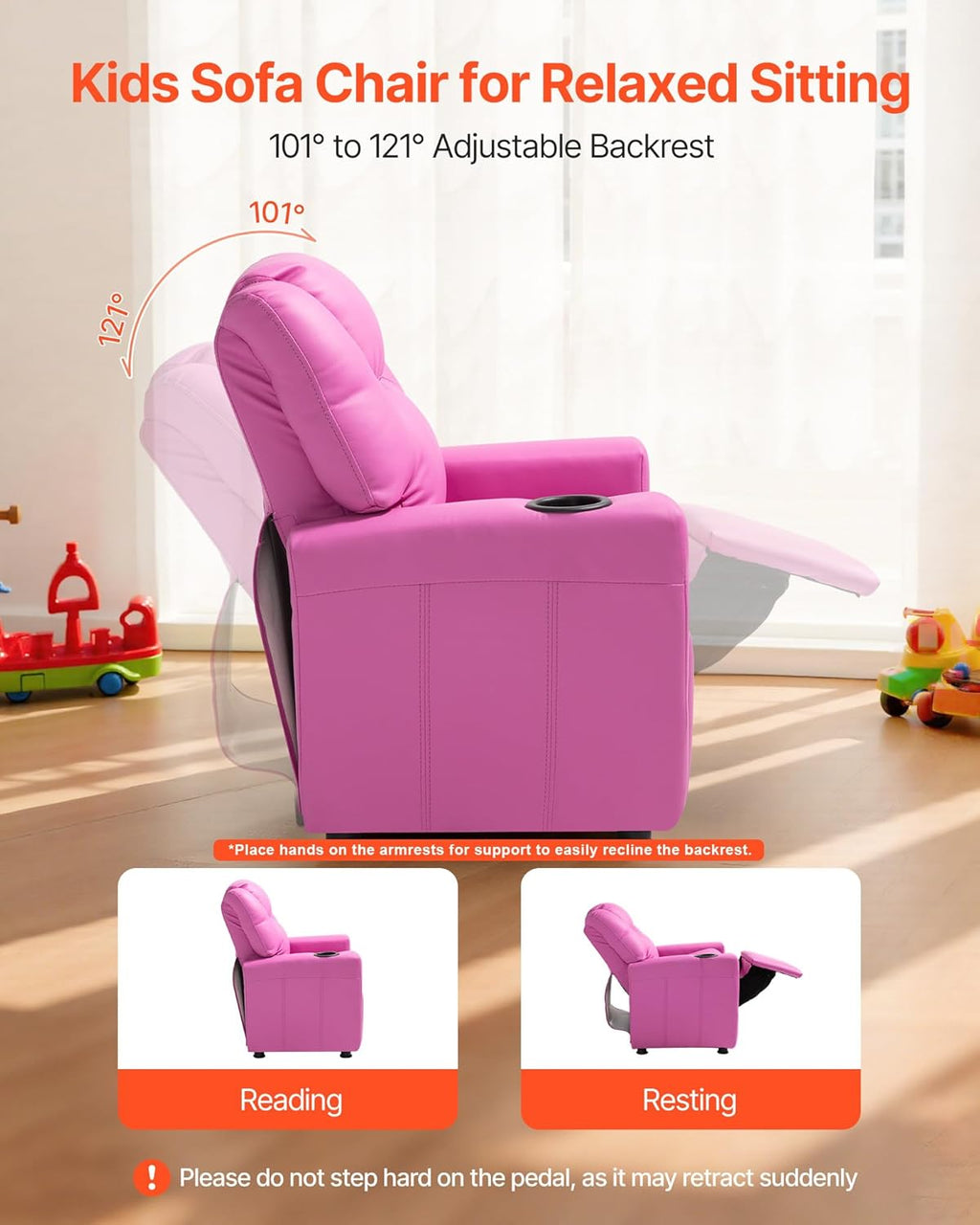 VEVOR Kids Recliner, Toddler Recliner with Cup Holder, 101° to 121° Adjustable Backrest, Push Back PU Leather Kids Reclining Chair Couch with Footrest & 90 lbs Load, Ideal for Child Ages 1-6, Pink