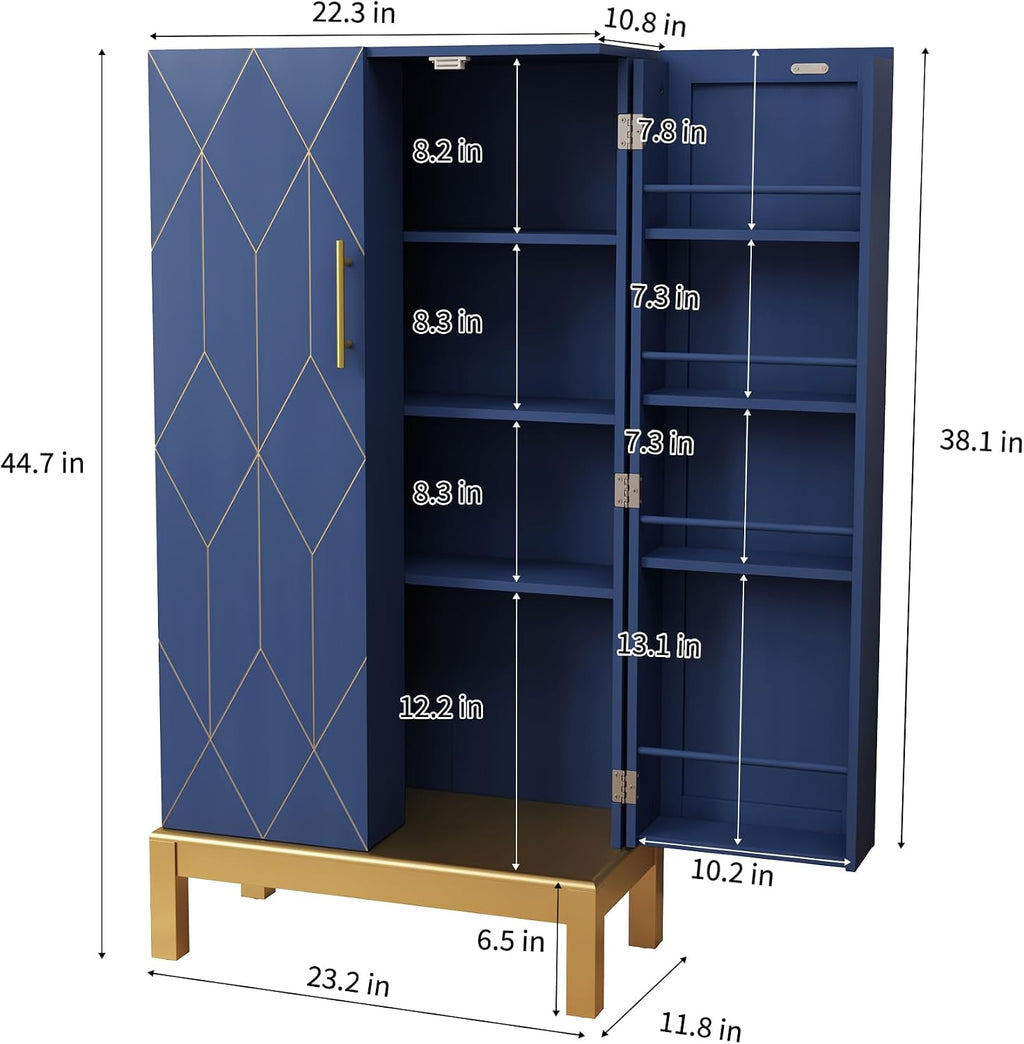 HOLTICO 45'' Kitchen Pantry Cabinet,Storage Cabinet with Doors and Adjustable Shelves,Food Pantry for Kitchen, Dining Room,Living Room and Garage,Gold Lines and Legs, Blue