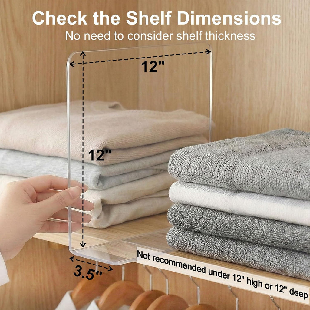 SortNStore Shelf Dividers for Closet Organization: 12" Tall x 12" Deep, Taller Adhesive Separators Features Acrylic Material and Provides Storage for Clothes and Purses in Bedroom Cabinets(8-Pack)