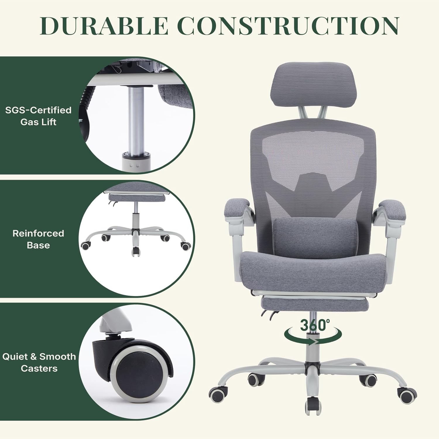 Ergonomic Office Chair with Footrest, High Back Home Desk Chair with Lumbar Support & Headrest, 90-135° Reclining Mesh Back Computer Chair with Wheels for Work, Gaming, Grey