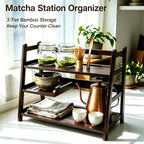 Bamboo 3-Tier Matcha Station, Coffee Organizer & Mug Display for Countertop | brown, solid bamboo structure, 3-tier storage, smooth easy-wipe surface, simple assembly, for kitchen coffee office