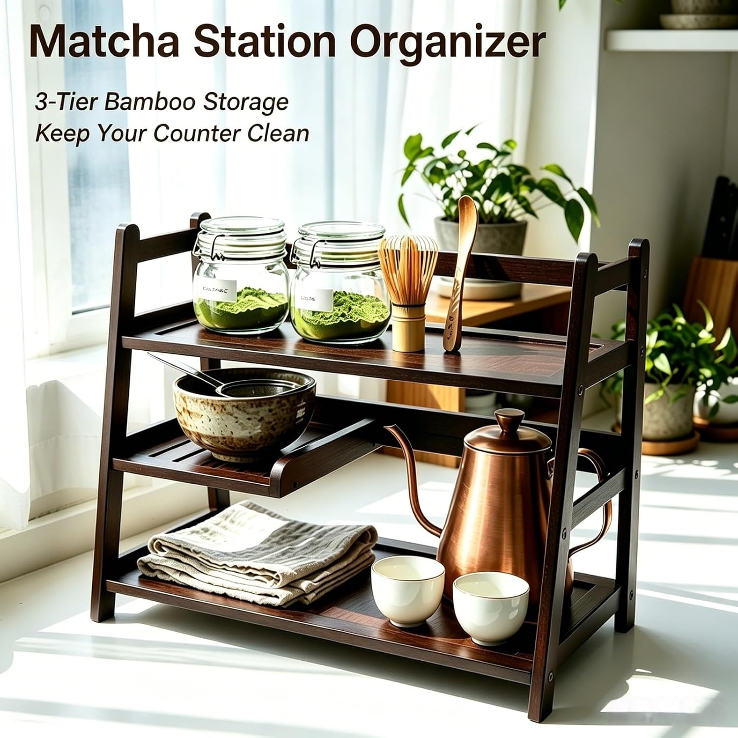 Bamboo 3-Tier Matcha Station, Coffee Organizer & Mug Display for Countertop | brown, solid bamboo structure, 3-tier storage, smooth easy-wipe surface, simple assembly, for kitchen coffee office