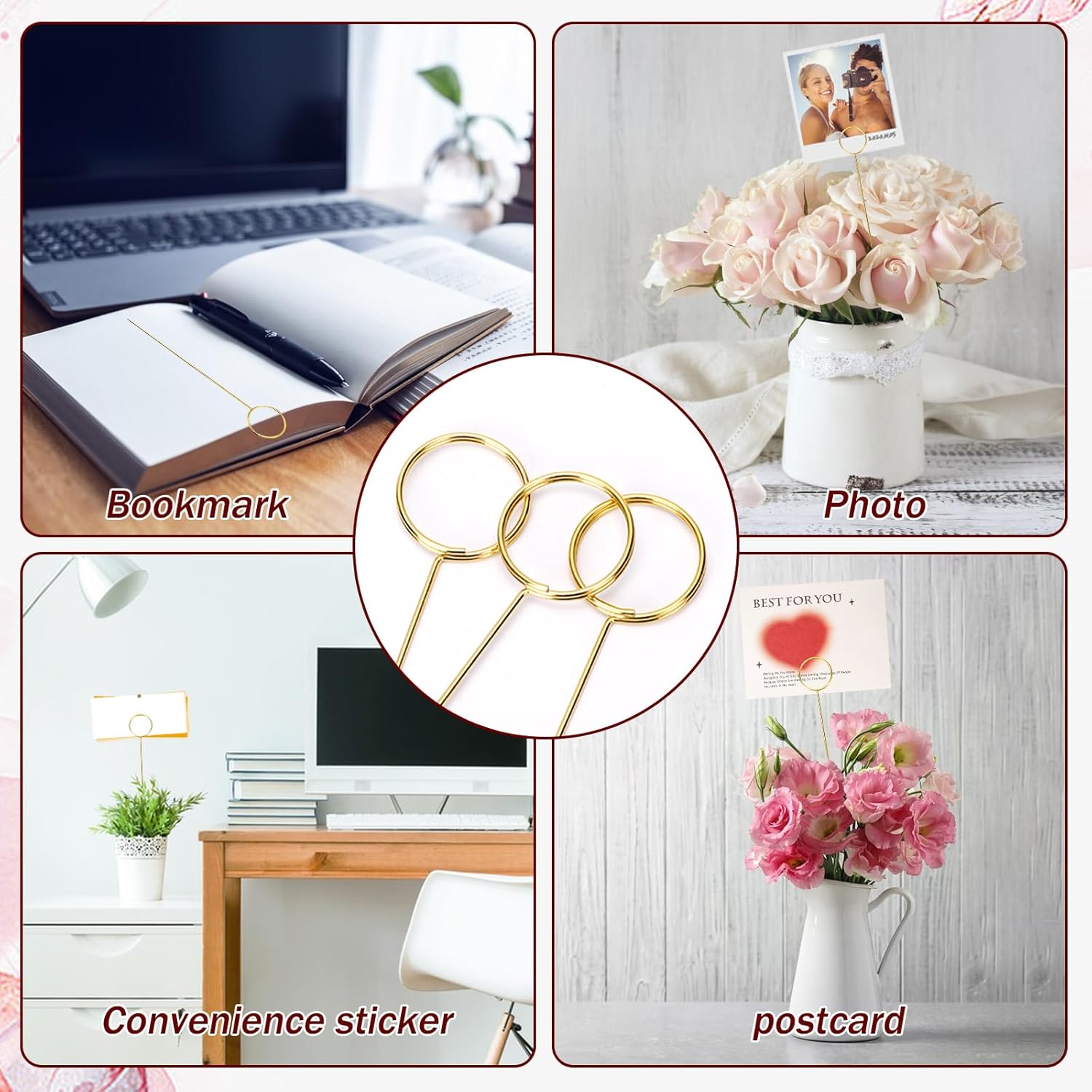 20Pcs Place Card Holder, Metal Floral Place Card Holder, Gold Table Number Holders, Round Shape Flower Pick Clips, Gold Metal Card Picture Holder Pick, Floral Gift Card Holder Clips for Wedding P