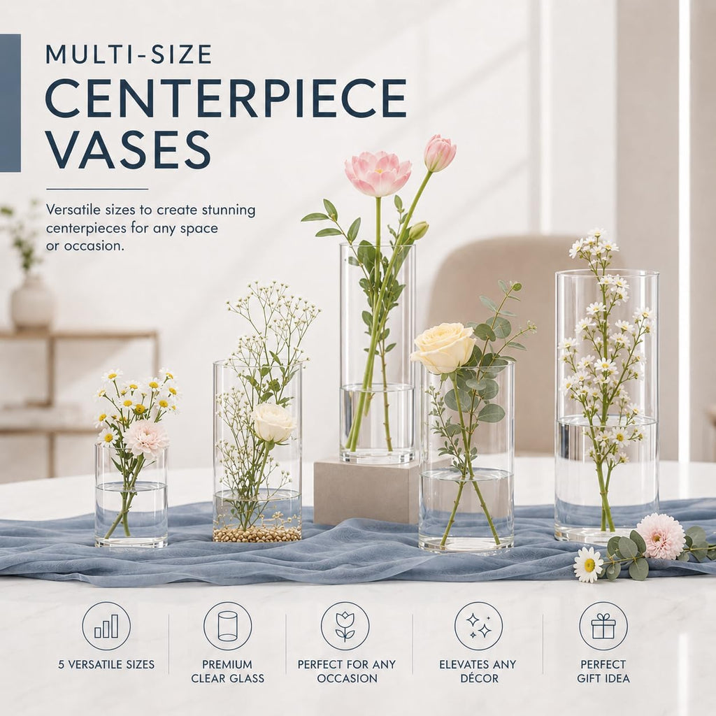 60pcs Glass Vase Cylinder Vases for Centerpieces 4,6,7.5,8,10 Inch Tall Small Flower Glass Vases Home Decor Centerpiece Table Clear Flower Vase Decorations for Wedding＆Holiday