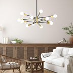 Sputnik Chandelier 12-Light, Mid Century Modern Height Adjustable Ceiling Light Fixture for Dining Room, Kitchen Island, Living Room,Bedroom-Black and Gold