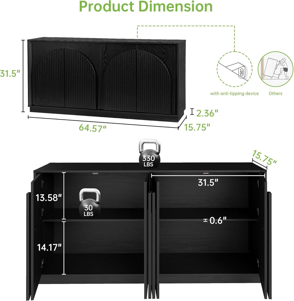 Real Relax 65 Inch Fluted Buffet Cabinet with Storage, Modern Symmetrical Arc Accent Sideboard Large Console Table for Living Room, Hallway, Entryway, 330LBS (Black)