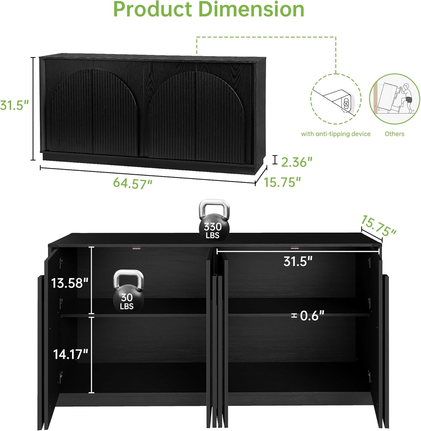 Real Relax 65 Inch Fluted Buffet Cabinet with Storage, Modern Symmetrical Arc Accent Sideboard Large Console Table for Living Room, Hallway, Entryway, 330LBS (Black)