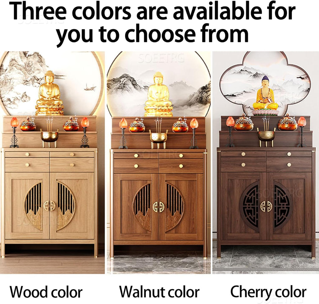 Wood Prayer Altar Table with Storage Cabinet and Drawer, Chinese Buddha Shrine Display Stand, Buddhist Decorative Side Table for Living Room (Wood, 50" L x 24" W x 50" H)
