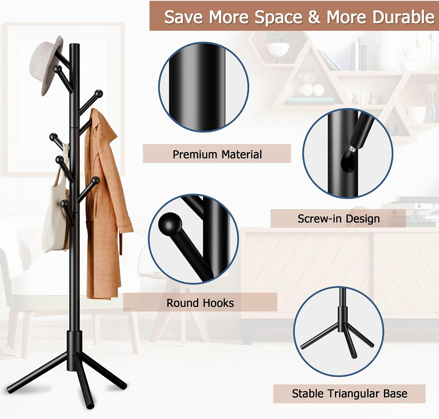 Coat Rack, Coat Racks Freestanding with 8 Hooks 3 Adjustable Heights for Clothes, Hats, Handbags, Coat Tree Easy Assembly for Entryway, Bedroom, Hallway, Office(Black)