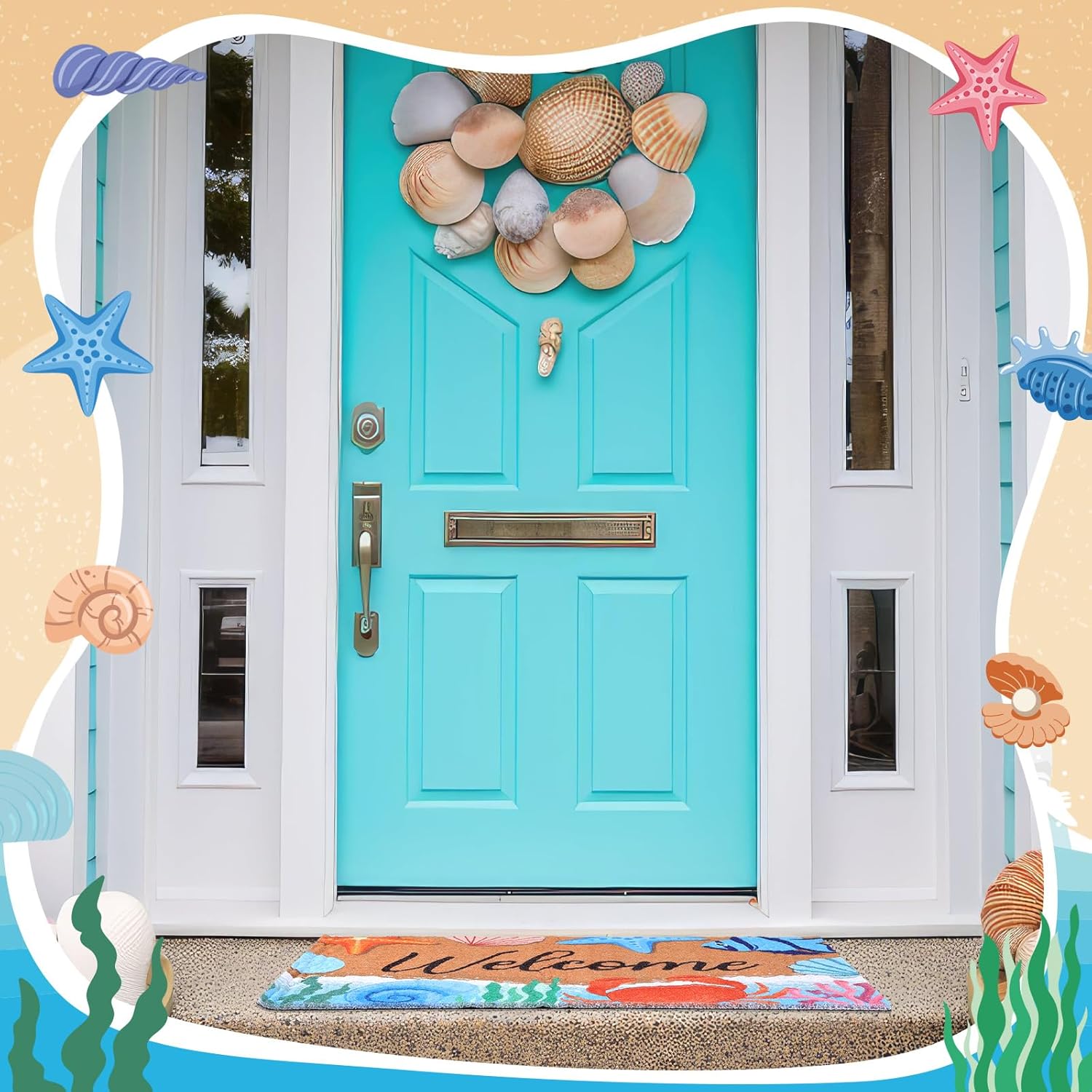 Booson 2 Pcs Welcome Mat Front Door Coastal Beach Coir Doormat Starfish Seashell Non Slip Entrance Door Rugs for Summer Outdoor Indoor Holiday Home Bathroom Decoration 29.5 x 15.8 inch