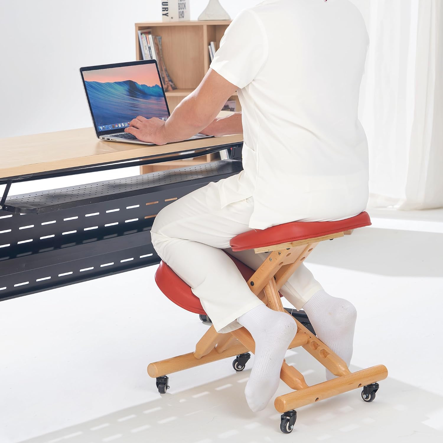 Massage Ergonomic Kneeling Chair, Adjustable Height Posture Stool for Home and Office - Neck and Back Pain Relieving | Spine Tension Relief- Thick Comfortable Cushions (Cinnamon)