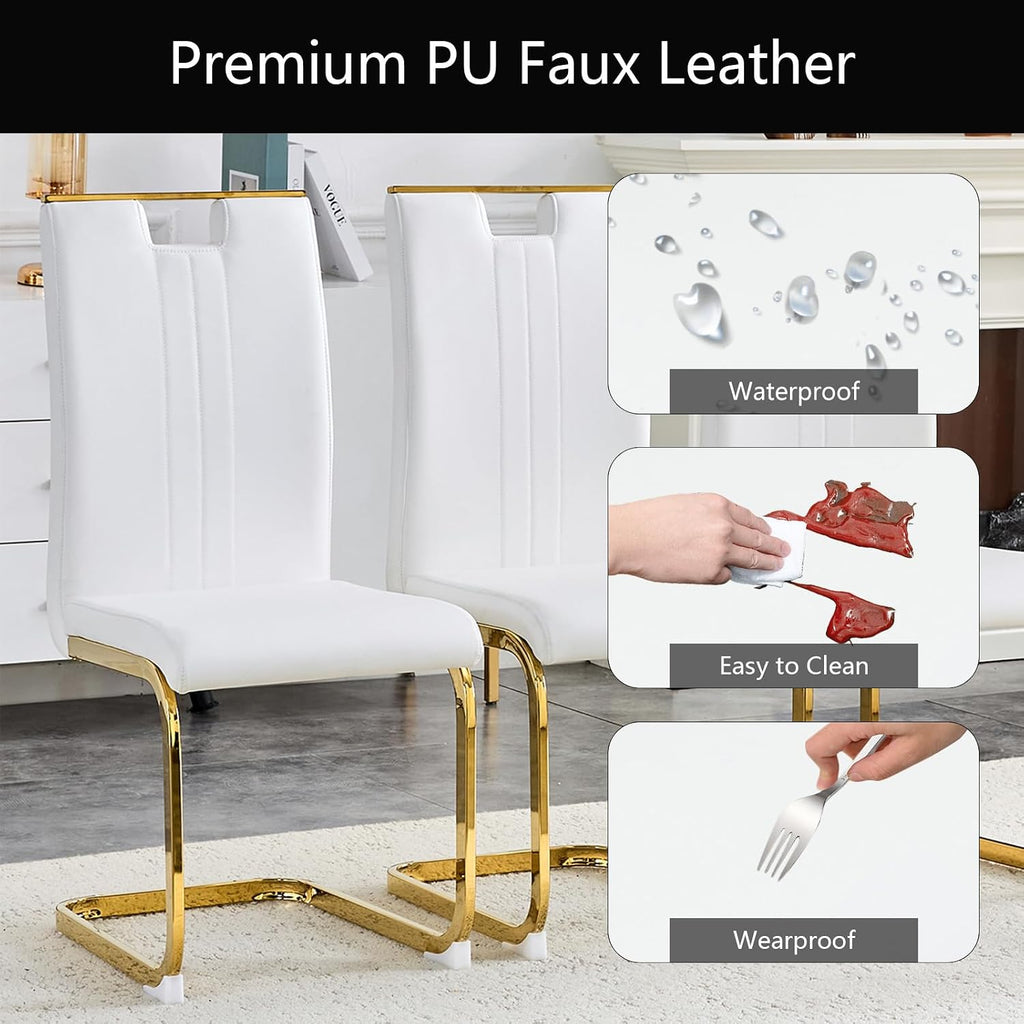 cinkehome Set of 6 Modern Dining Chairs, High Back PU Faux Leather Upholstered Armless Chair with Metal Legs for Kitchen Dining Room Living Room (White with Gold Legs)