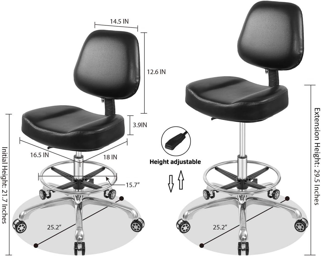 Lift Chair Adjustable Stool Drafting Chair with Backrest & Foot Rest Drafting Stool Swivel Seat Rolling Wheels for Studio Dental Office Salon Counter Home Desk Chairs (Black)