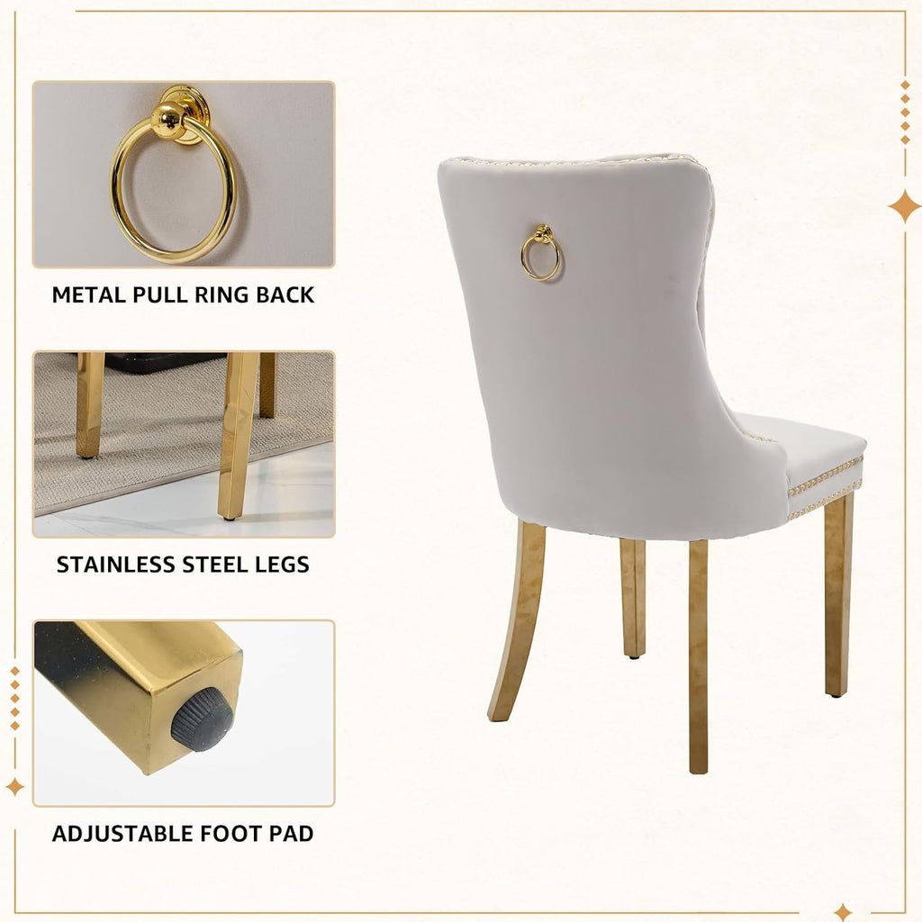Velvet Dining Chairs Set of 6, Tufted Upholstered High Wingback Chairs with Nailhead Trim & Pull Ring, Golden Stainless Steel Legs for Dining Room, Sillas de Comedor, Beige
