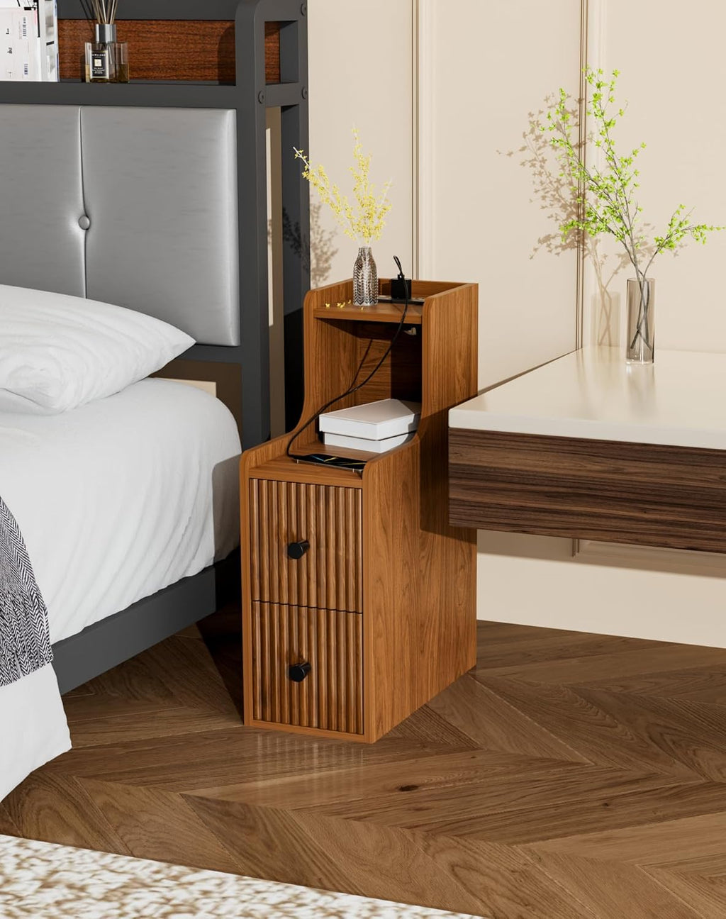 Narrow Side Table with Charging Station, Slim Nightstands with Storage Drawers, Mid Century Modern Bedside Tables for Living Room, Small Spaces, Bedroom