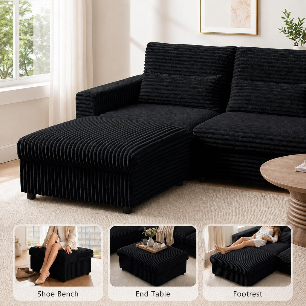 35.3" Corduroy Ottoman with Storage Oversized Ottoman for Modular Sectional Couches Foot Rest Stool with Hidden Compartment for Living Room, Apartment (Black, 35.3")