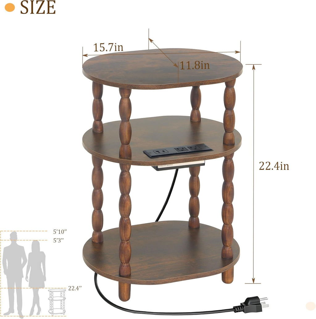 MaxSmeo Side Table with Charging Station, 3-Tier Small End Table with USB Ports and Outlets, Modern Oval Night Stand Accent Table for Living Room, Bedroom, Rustic Brown