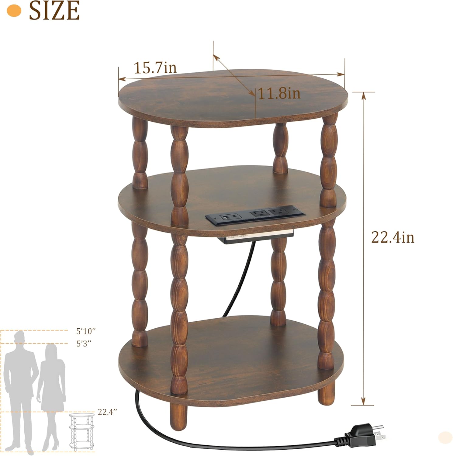 MaxSmeo Side Table with Charging Station, 3-Tier Small End Table with USB Ports and Outlets, Modern Oval Night Stand Accent Table for Living Room, Bedroom, Rustic Brown