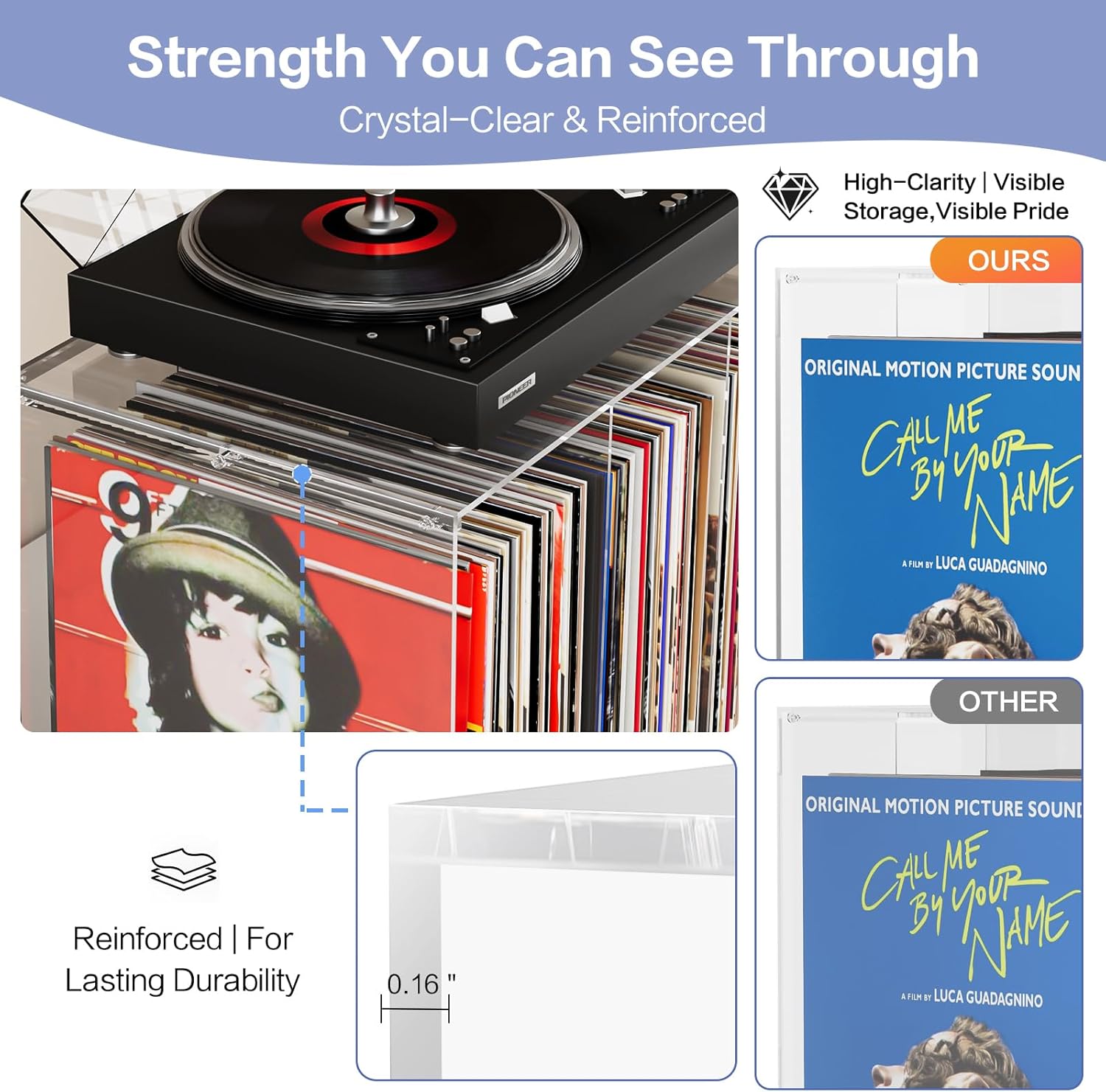 Bikoney Stackable Cube Acrylic Vinyl Record Storage, Tabletop Record Player Stand with Divided Vinyl Shelf, Vinyl Holder & Album Storage Box Crate Bin, Clear