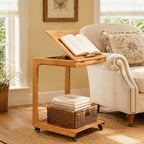 Solid Wood C-Shaped Side End Table with Casters, Adjustable Tilt Top Mobile Laptop Desk, 2-Tier Rolling Sofa Table with Storage Shelf for Couch & Bed, Living Room Easy Assembly Wood Natural BJ101-OA