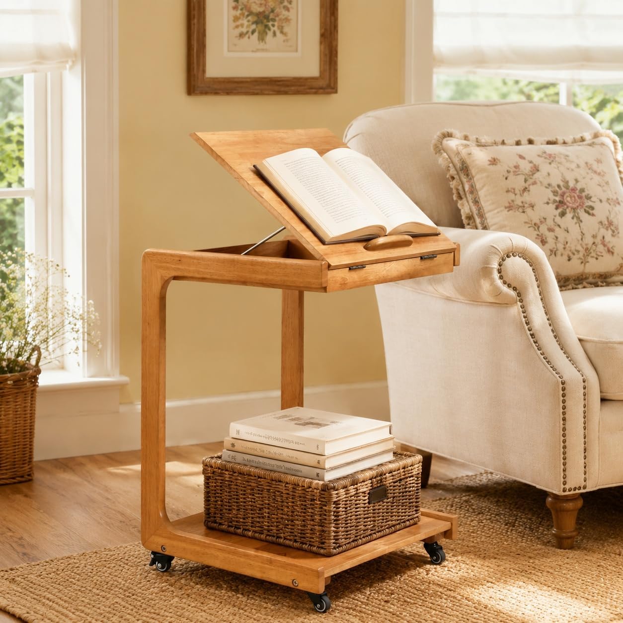 Solid Wood C-Shaped Side End Table with Casters, Adjustable Tilt Top Mobile Laptop Desk, 2-Tier Rolling Sofa Table with Storage Shelf for Couch & Bed, Living Room Easy Assembly Wood Natural BJ101-OA