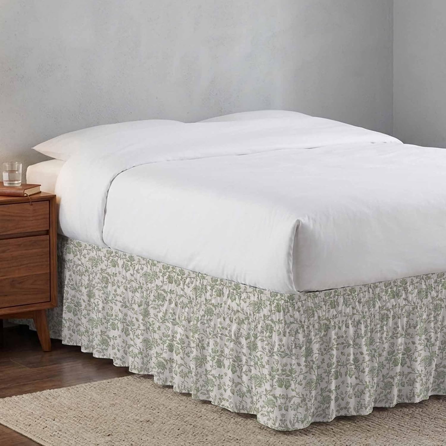 Farmhouse Sage Green Bed Skirt for Queen Size Bed 18" Drop,Dust Ruffle Wrap Around Bedskirt with Elastic Strap,Vintage Flower Leaf Botanical Adjustable Easy Fitting Pleated Bed Frame Cover