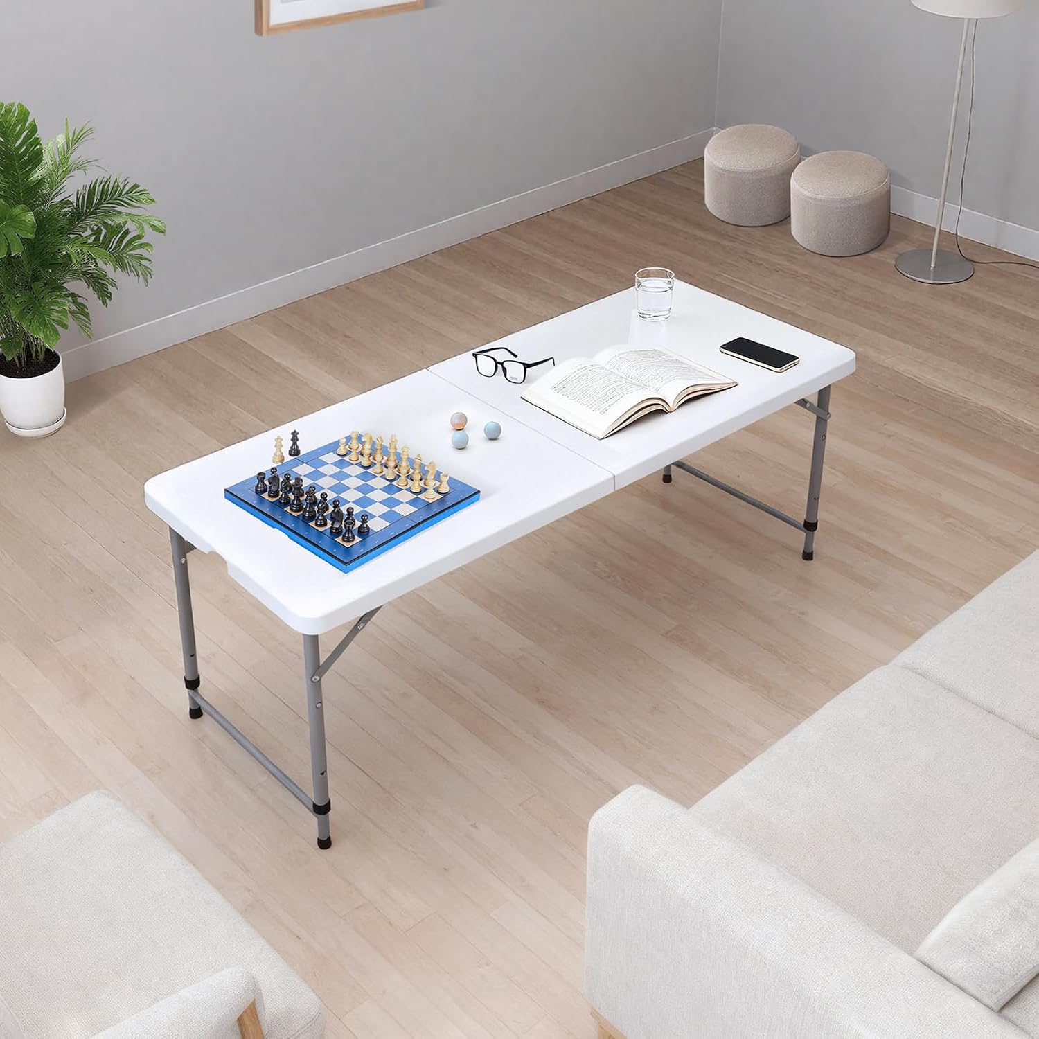 Lakhow Folding Table 4 Foot Portable Heavy Duty Plastic Fold-in-Half Utility Table with Carrying Handle,Indoor Outdoor Small Adjustable Height Folding,Camping and Party,White