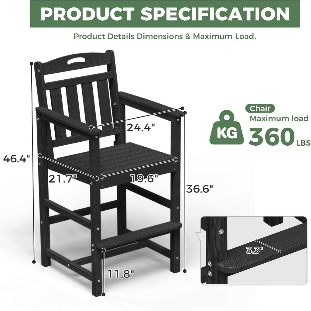 Outdoor Patio Tall Adirondack Bar Chairs Set of 2, All-Weather HDPE Bar Height Adirondack Stools for Balcony, Bistro, Garden, Backyard, Pool, Deck | Black