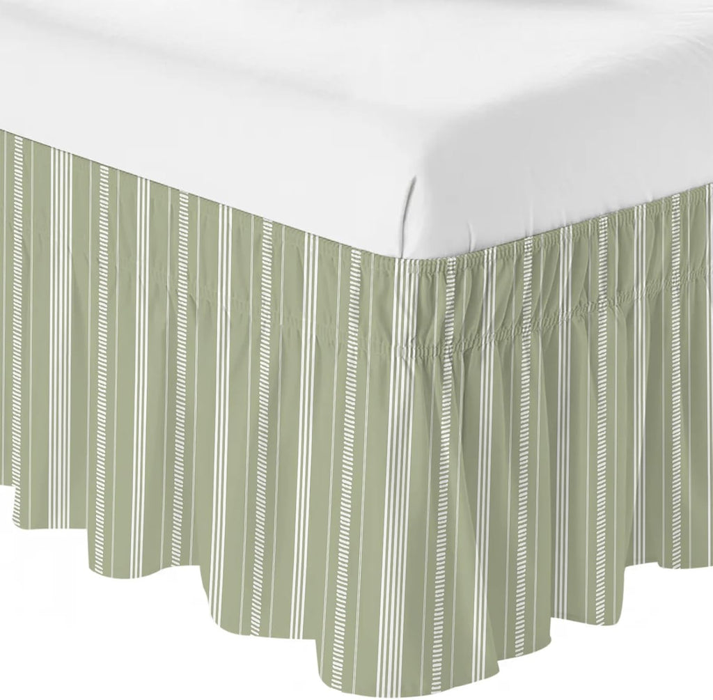 Boho Sage Green Bed Skirt Queen Size 16 Inch Drop, Adjustable & Elastic Wrap Around Bed Skirts Pleated Luxury Dust Ruffles for Twin Full Queen Cal King Base Bed, Minimalist Farmhouse Striped