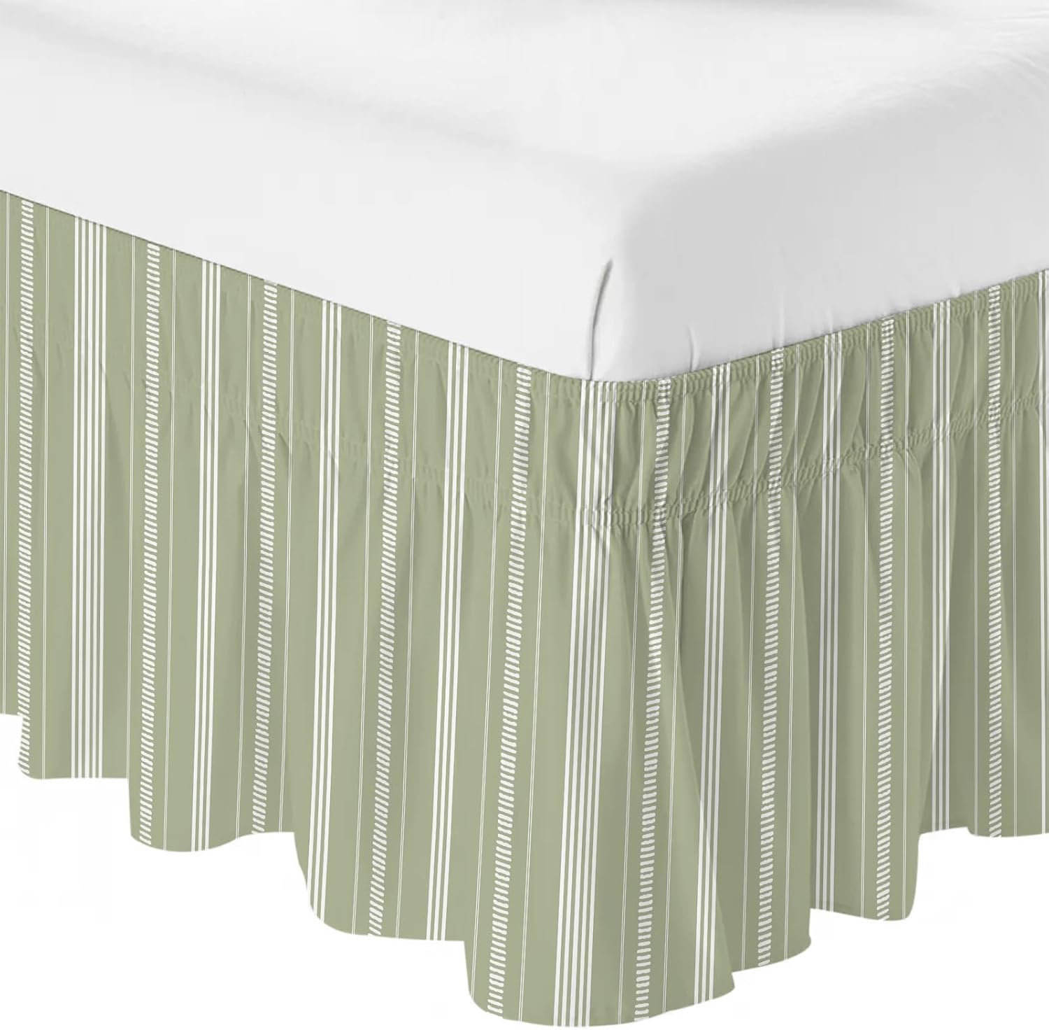 Boho Sage Green Bed Skirt Queen Size 16 Inch Drop, Adjustable & Elastic Wrap Around Bed Skirts Pleated Luxury Dust Ruffles for Twin Full Queen Cal King Base Bed, Minimalist Farmhouse Striped