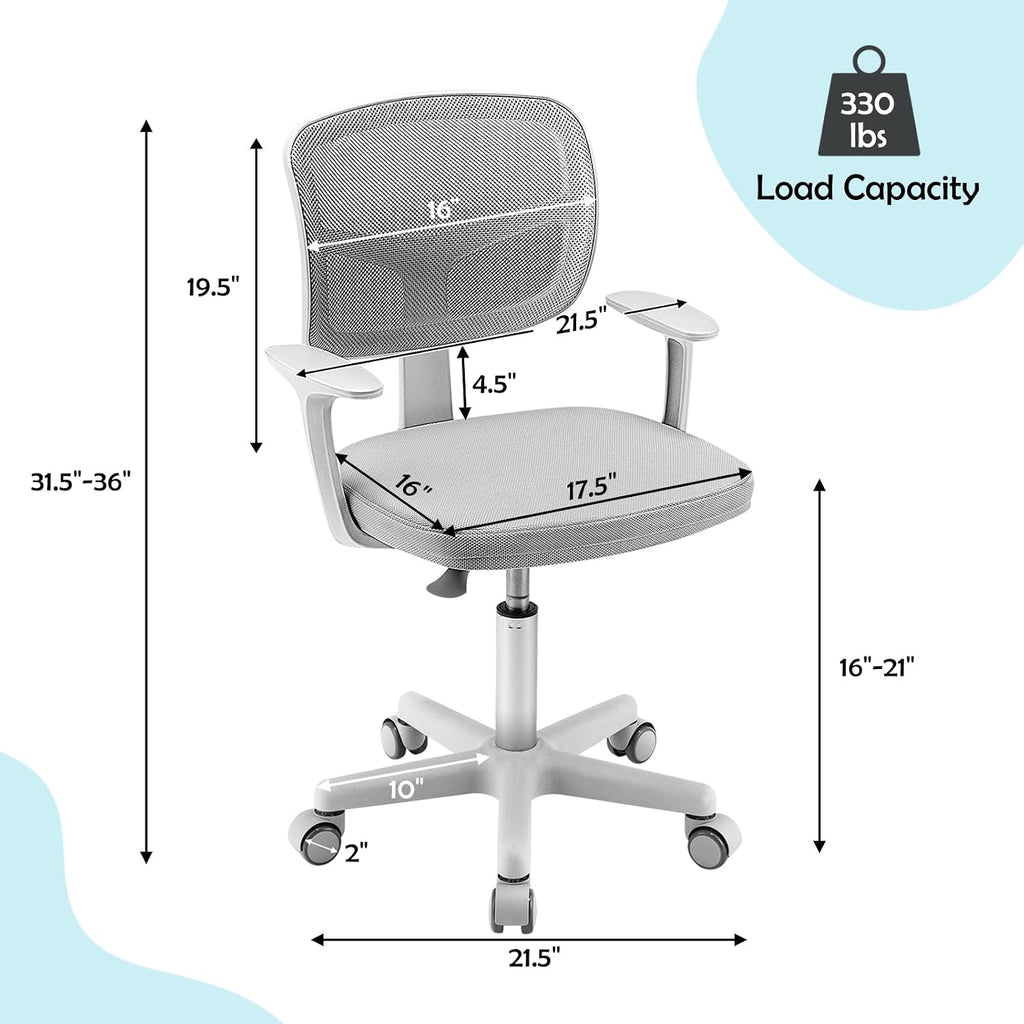Kids Desk Chair, Height Adjustable Children Study Chair w/Lumbar Support, Swivel Mesh Seat, Universal Casters, Ergonomic Kids Task Chair for Boys Girls Aged 3-10, Home, School, Office(Grey)