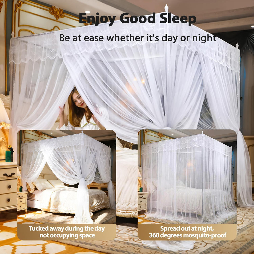 Large Space Mosquito Net, Three Side Opening Canopy Bed Curtains, Princess Bed Drapes Netting for Private Quiet Space Bedroom Decoration, L78xW59xH78 Inches for Queen Size Bed