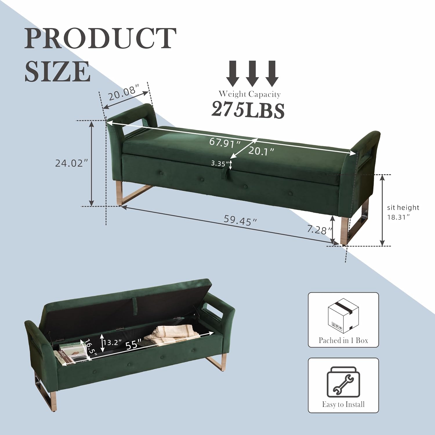 Aoiy & Wifon 67.91" W King Size Bench for End of Bed, Upholstered End of Bed Storage Bench with Metal Legs for Bedroom, Velvet (Green)