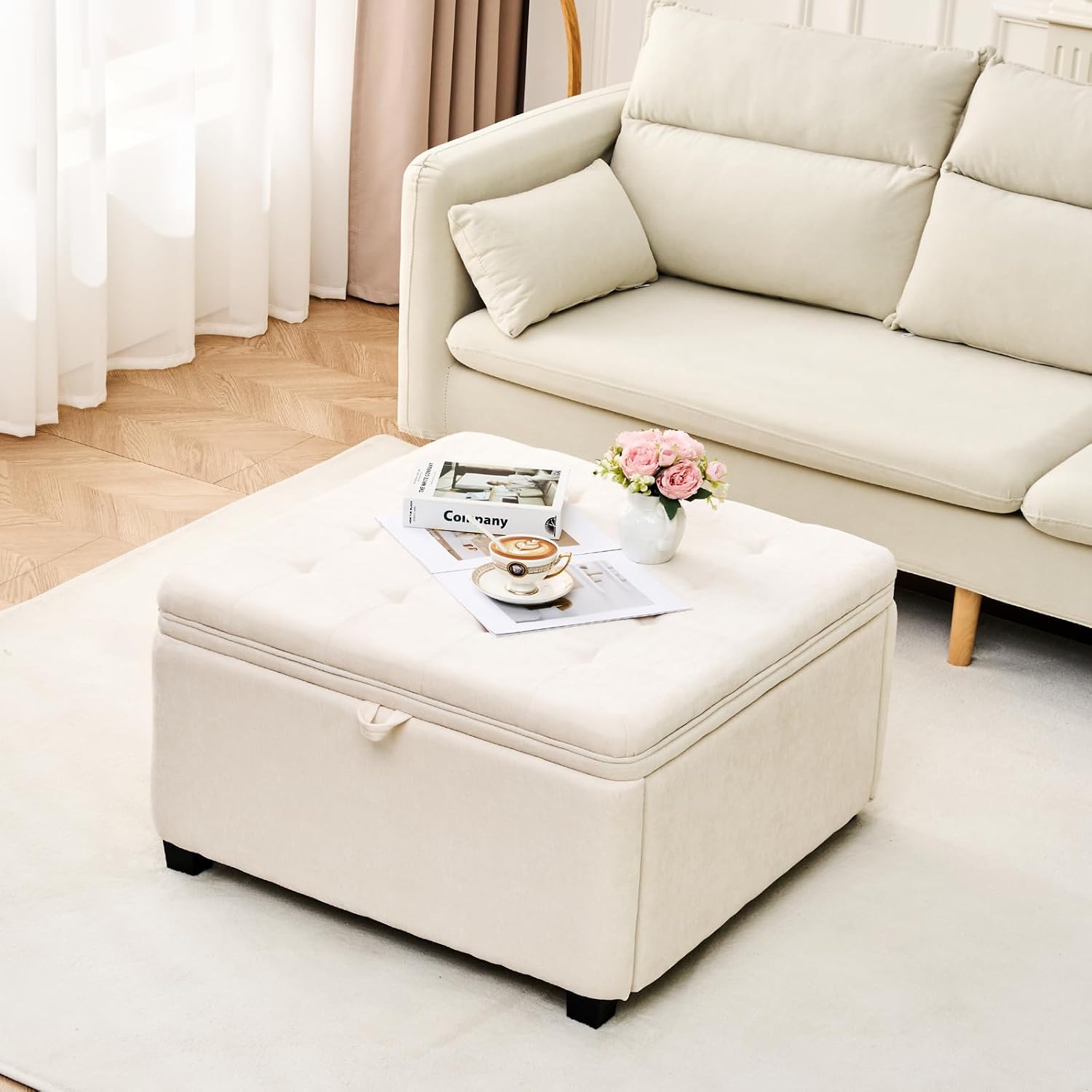 4-in-1 Storage Ottoman 30 Inch Large Hidden Storage Ottoman Foot Stool Square Ottoman Coffee Table with Soft-Close Hinge for Living Room (Ivory)